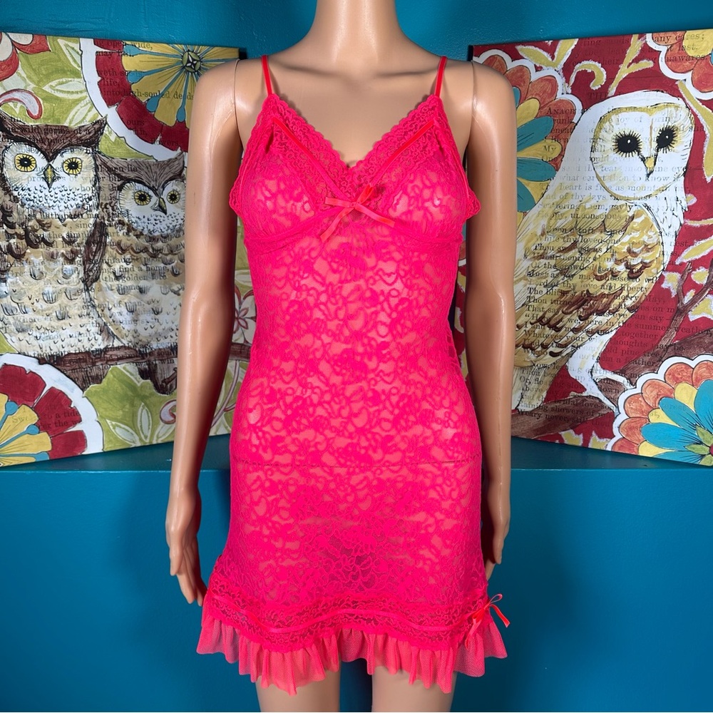 Victoria’s Secret Chemise Nightie Hot Pink Lace Size Large Lingerie Slip Dress